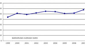 Graph 2: average size of all barra caught each year during the Barra Bounty.